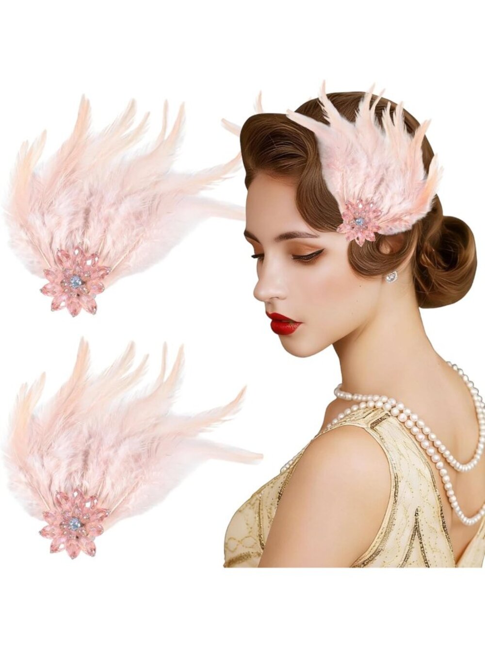 Feather Hair Clips Set - Rhinestone Flower Ostrich Pins for Weddings & Events